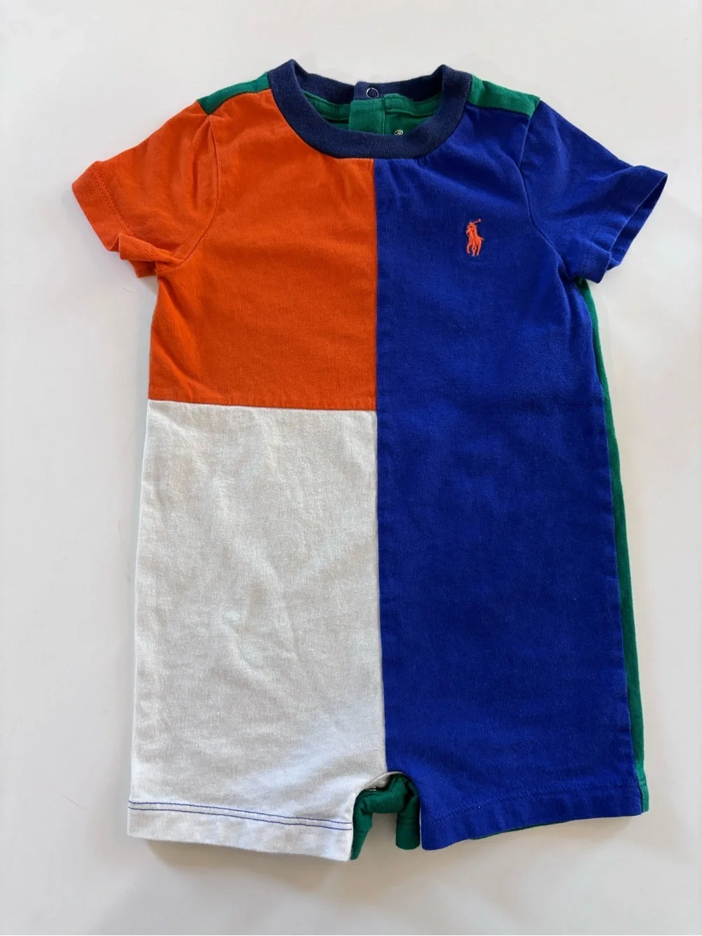 RALPH LAUREN Colorblock Shortall  Onesie Orange Blue White Green Size 9 Months